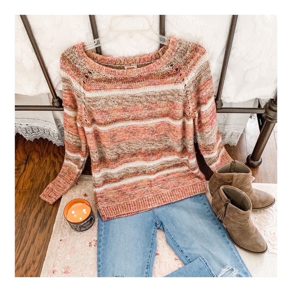 Pink/Brown Stripe Cozy Knit Long Sleeve Sweater L